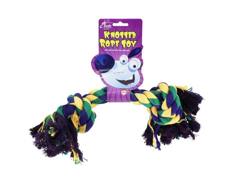 Knotted rope toy with colorful braided ends on a white background