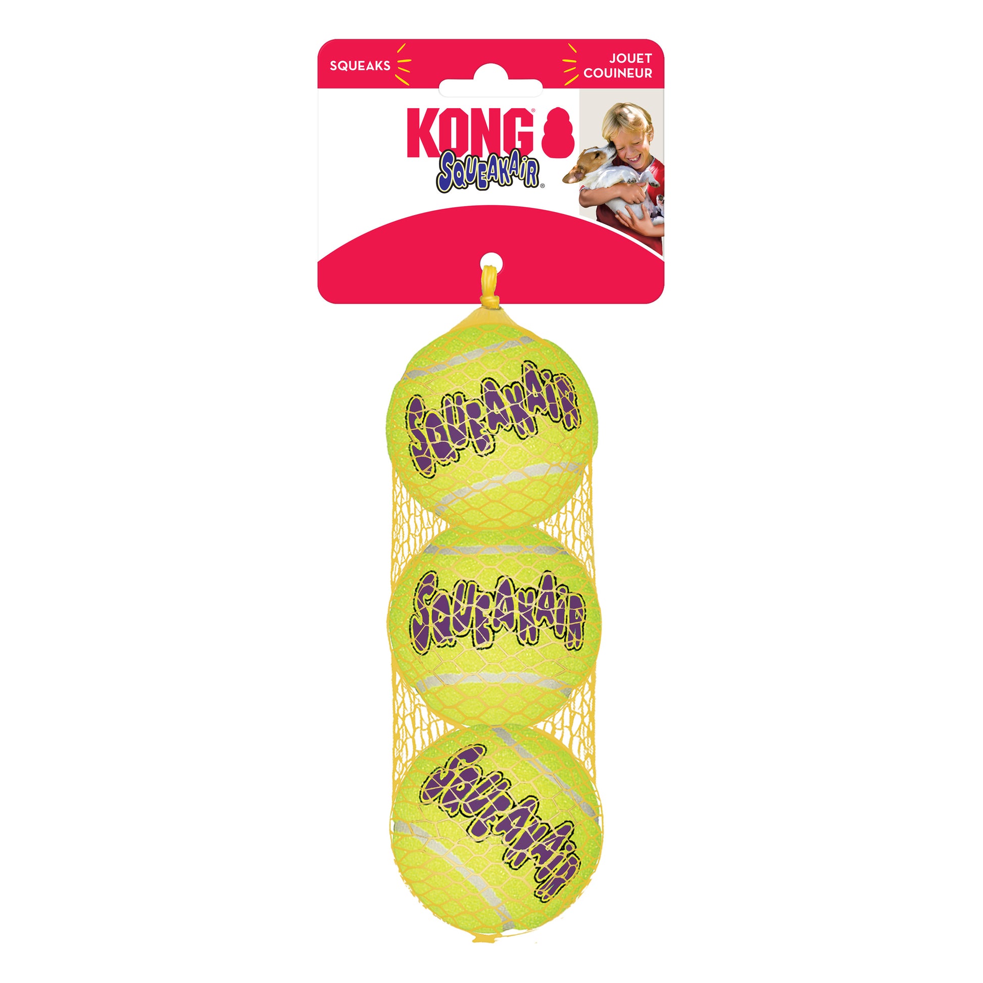 Three yellow KONG SqueakAir tennis balls in a packaging with a red label on a white background.