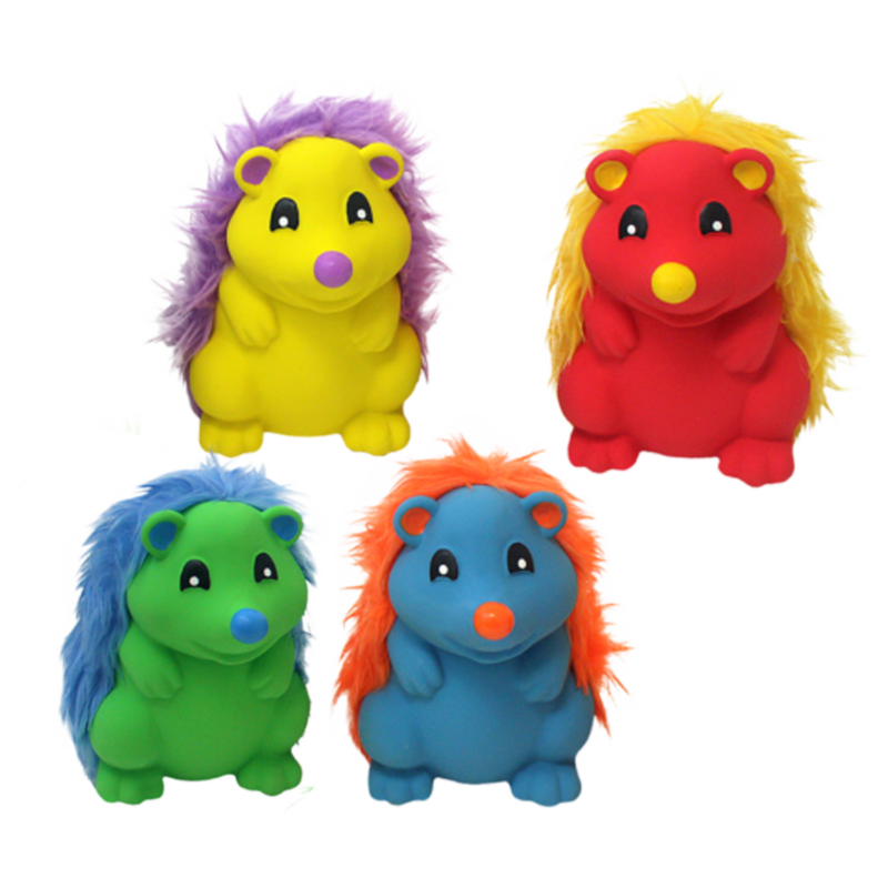 Four colorful hedgehog toys in different colors on a white background