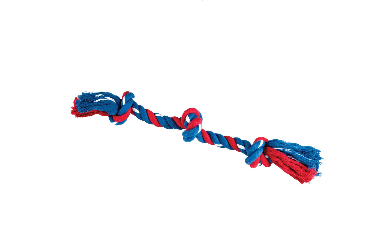 Red and blue braided rope toy on a white background