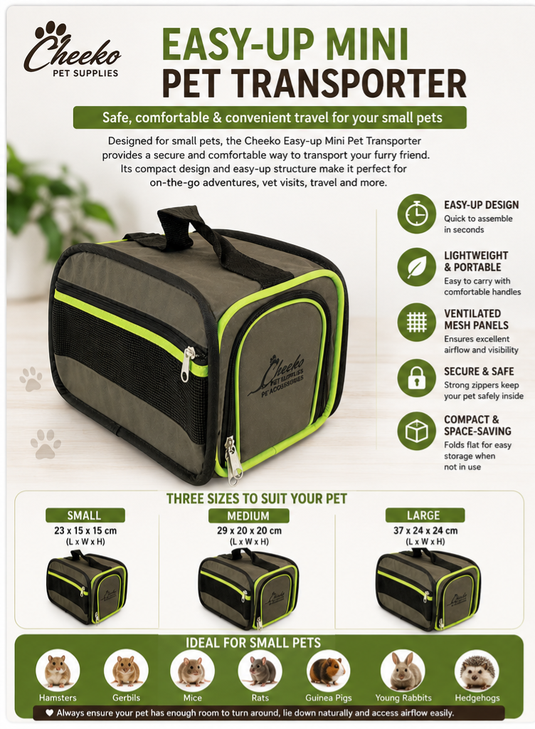 Cheeko Easy-Up Mini Pet Transporter | Portable Fabric Small Animal Carrier