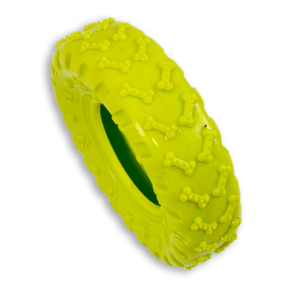 Yellow dog toy with bone pattern on a white background