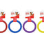 Shows  red, blue, purple and yellow rubber ring dog toys. 