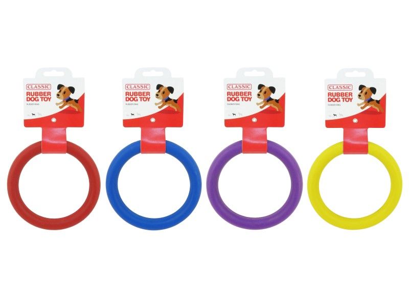 Shows  red, blue, purple and yellow rubber ring dog toys. 