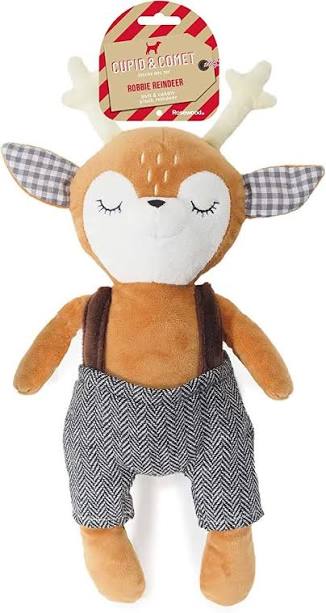 Plush deer dog toy with a vest and checkered pants, featuring a brand label on a white background.