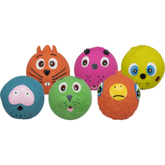 Set of colorful animal-shaped dog balls on a white background