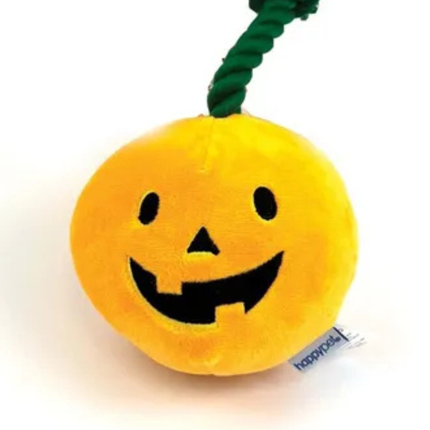Plush pumpkin dog toy with a face and green rope on a white background, featuring the brand 'happy pet'.
