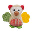 Plush owl dog toy with red ears, green wings, and a yellow patch on a white background