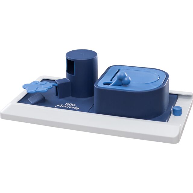 Blue and white puzzle toy for dogs on a white background