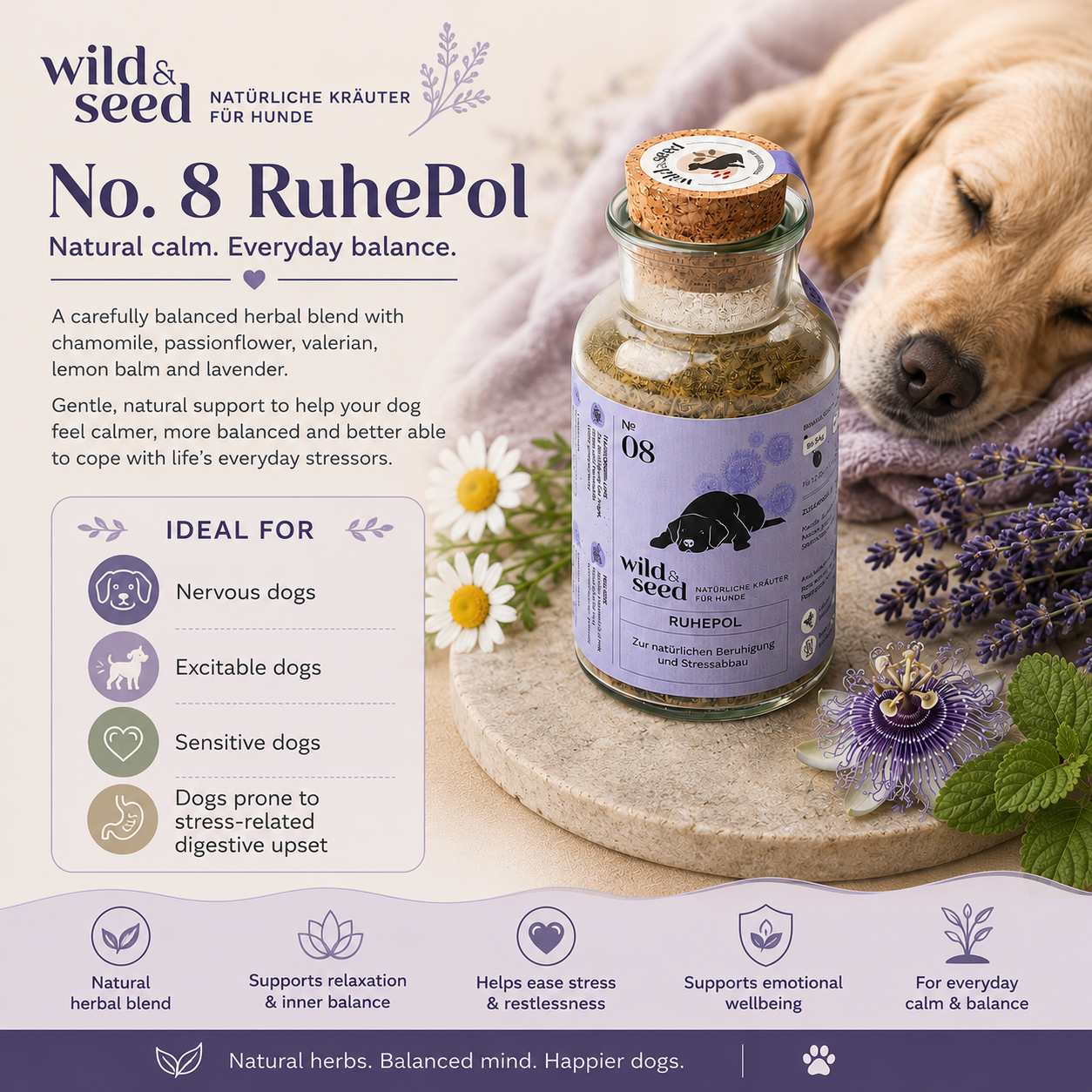 Wild&Seed Herbs No. 8 RuhePol | Natural Calming Herbal Blend for Nervous, Restless & Sensitive Dogs