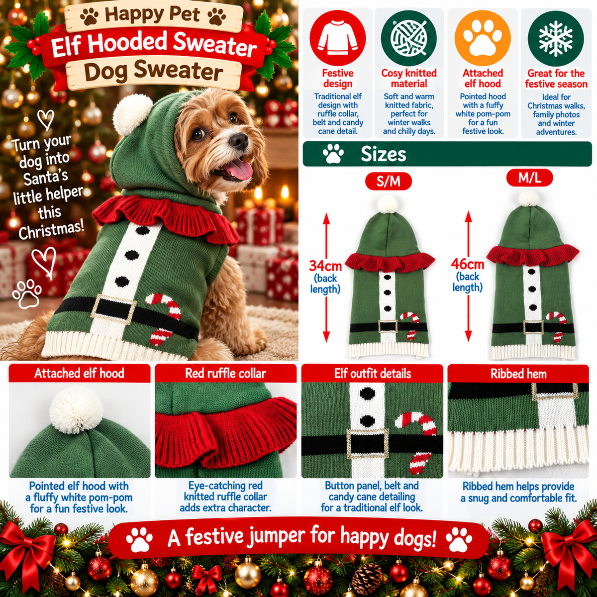Elf Hooded Sweater 🧑‍🎄 Dog Christmas Jumper by Happy Pet