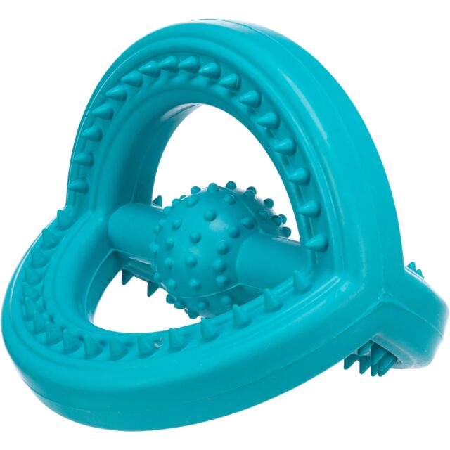 Teal dog toy with textured surface on a white background