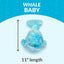 Blue plush dog toy labeled 'Whale Baby' with a measurement of 11 inches on a blue and white background