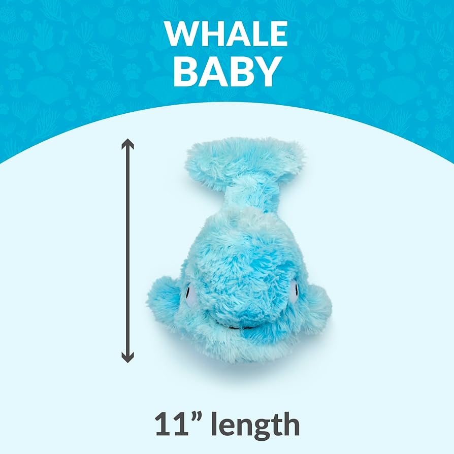 Blue plush dog toy labeled 'Whale Baby' with a measurement of 11 inches on a blue and white background