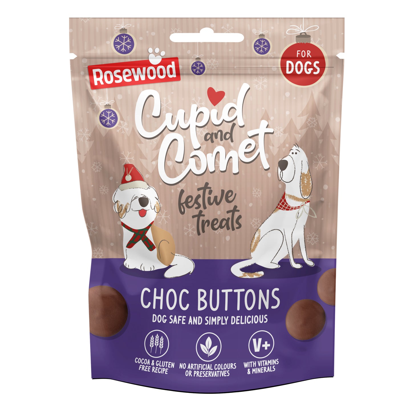 Rosewood Cupid and Comet festive treats packaging for dogs with cartoon dogs and chocolate buttons.