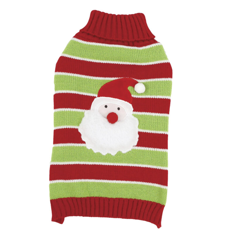 Striped red and green dog sweater with Santa Claus face on a white background