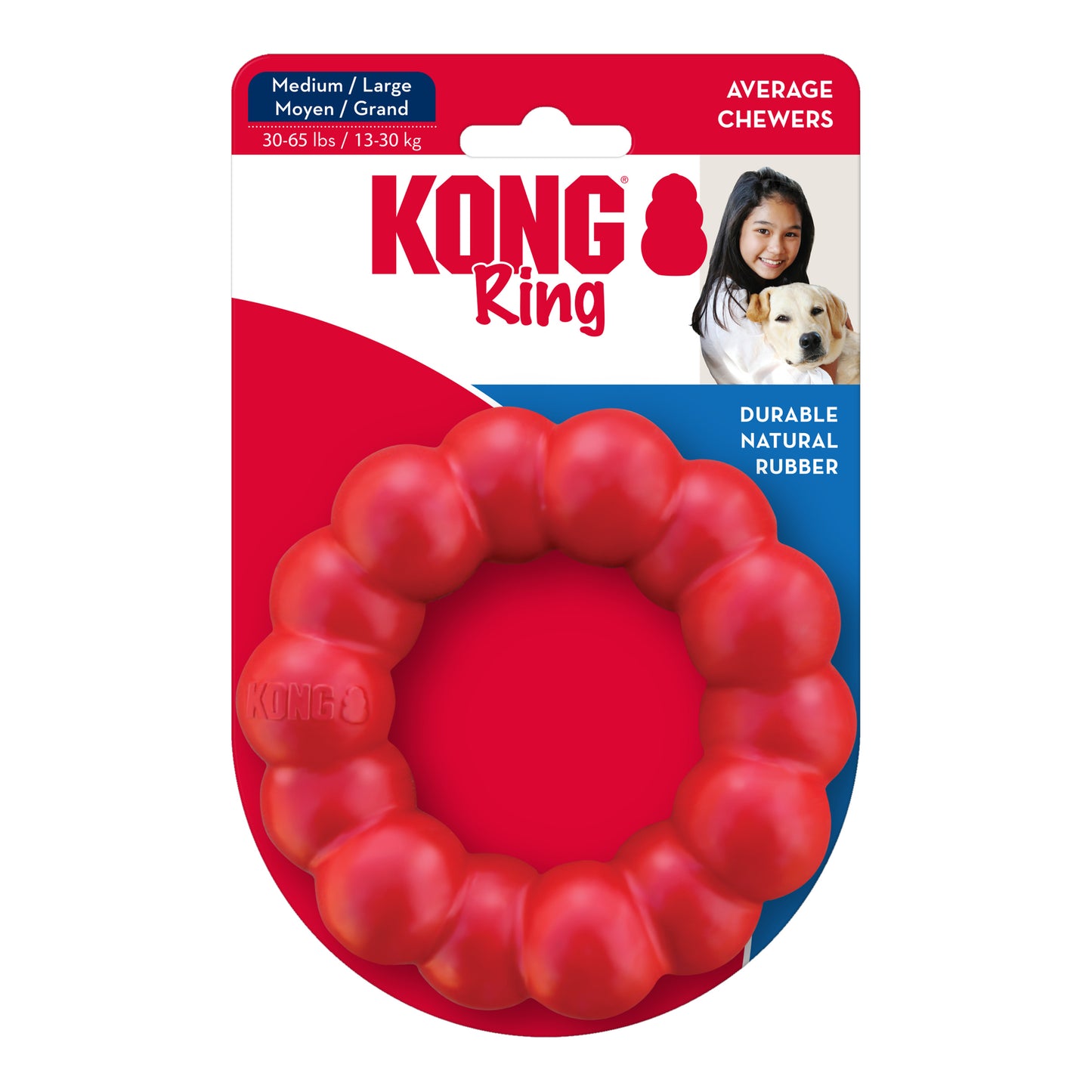 KONG Ring dog toy packaging with a red ring and KONG branding on a white background.