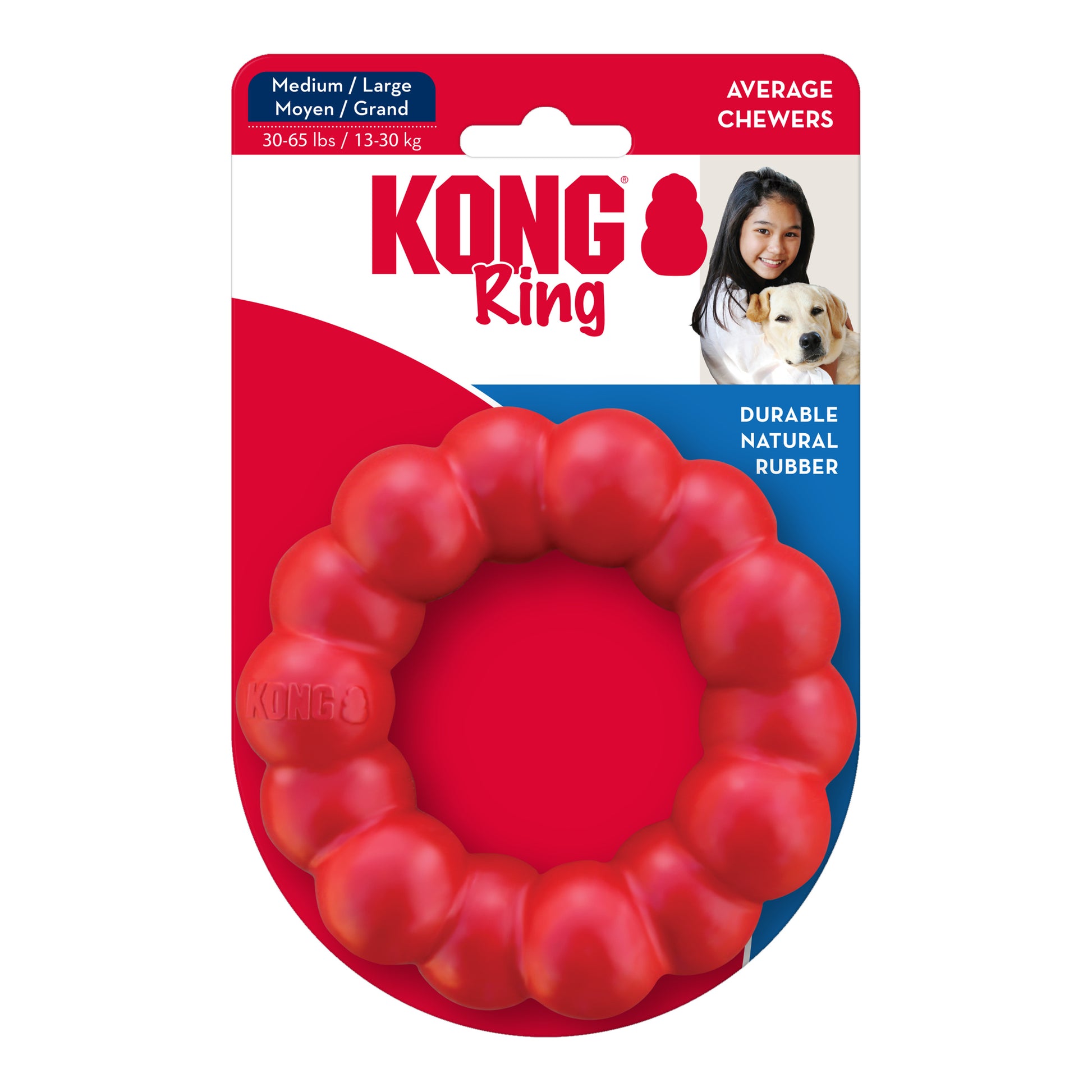 KONG Ring dog toy packaging with a red ring and KONG branding on a white background.