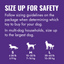 Dog toy sizing chart with instructions on a purple background