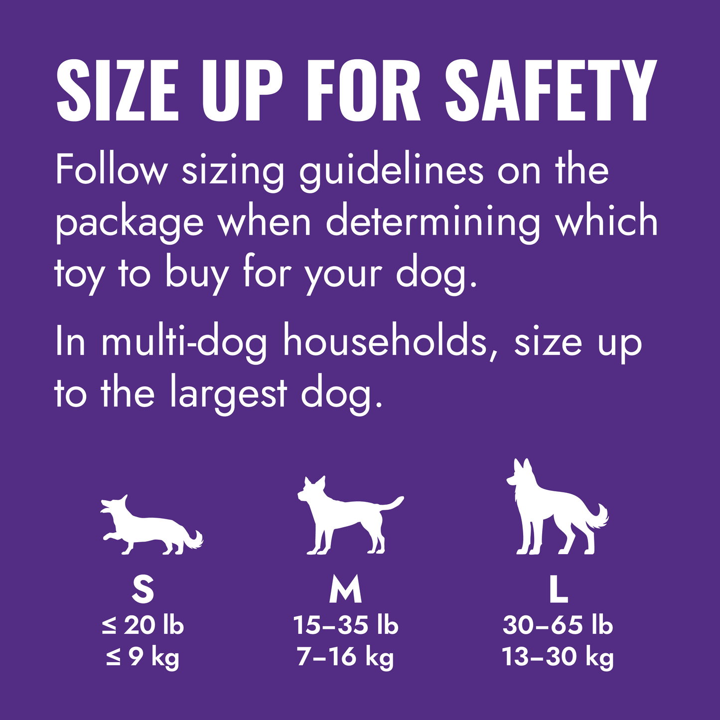 Dog toy sizing chart with instructions on a purple background