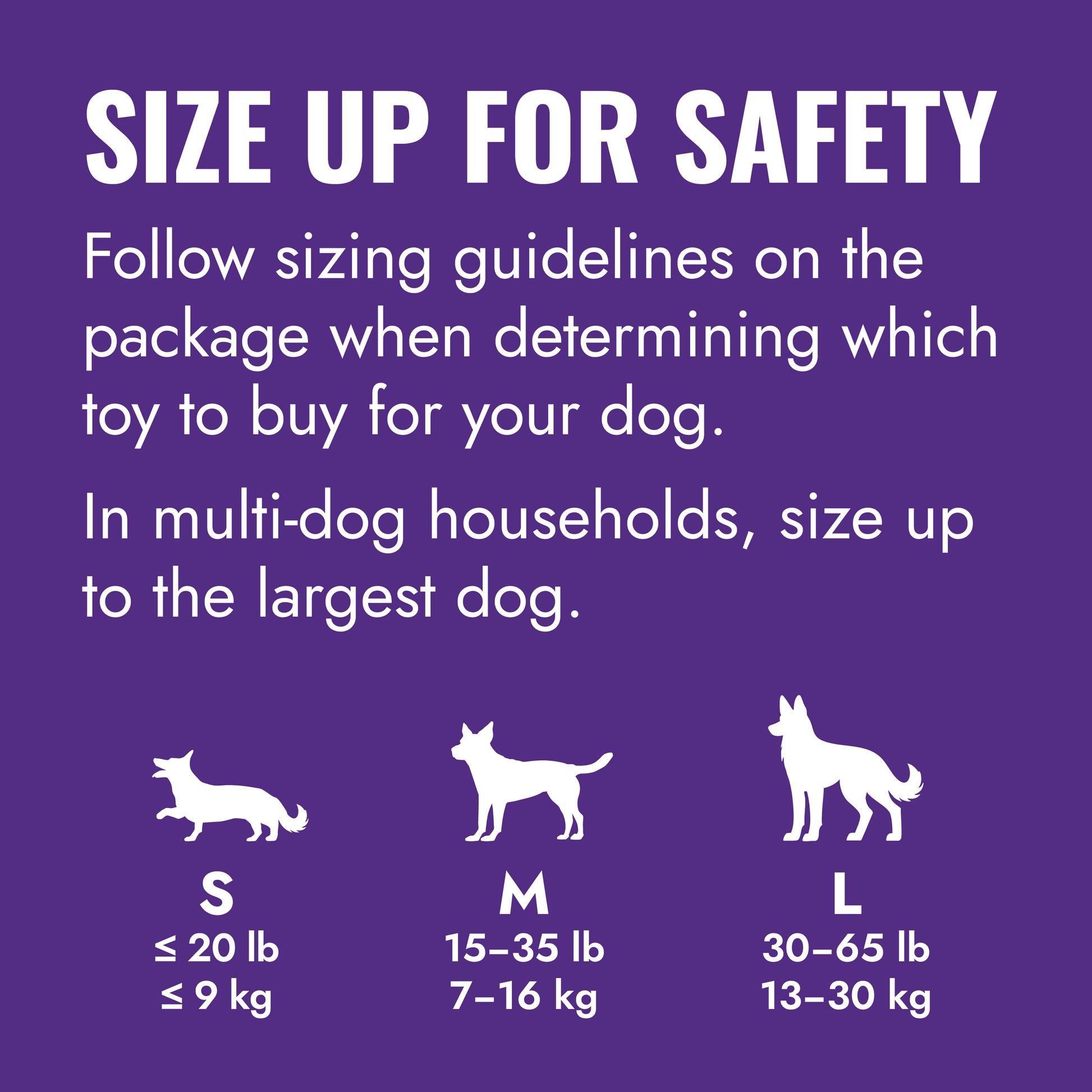 Dog toy sizing chart with instructions on a purple background