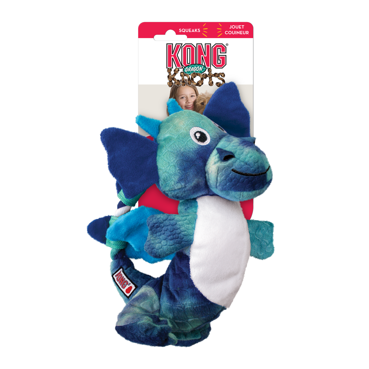 Blue dragon-shaped dog toy with packaging featuring KONG branding on a white background