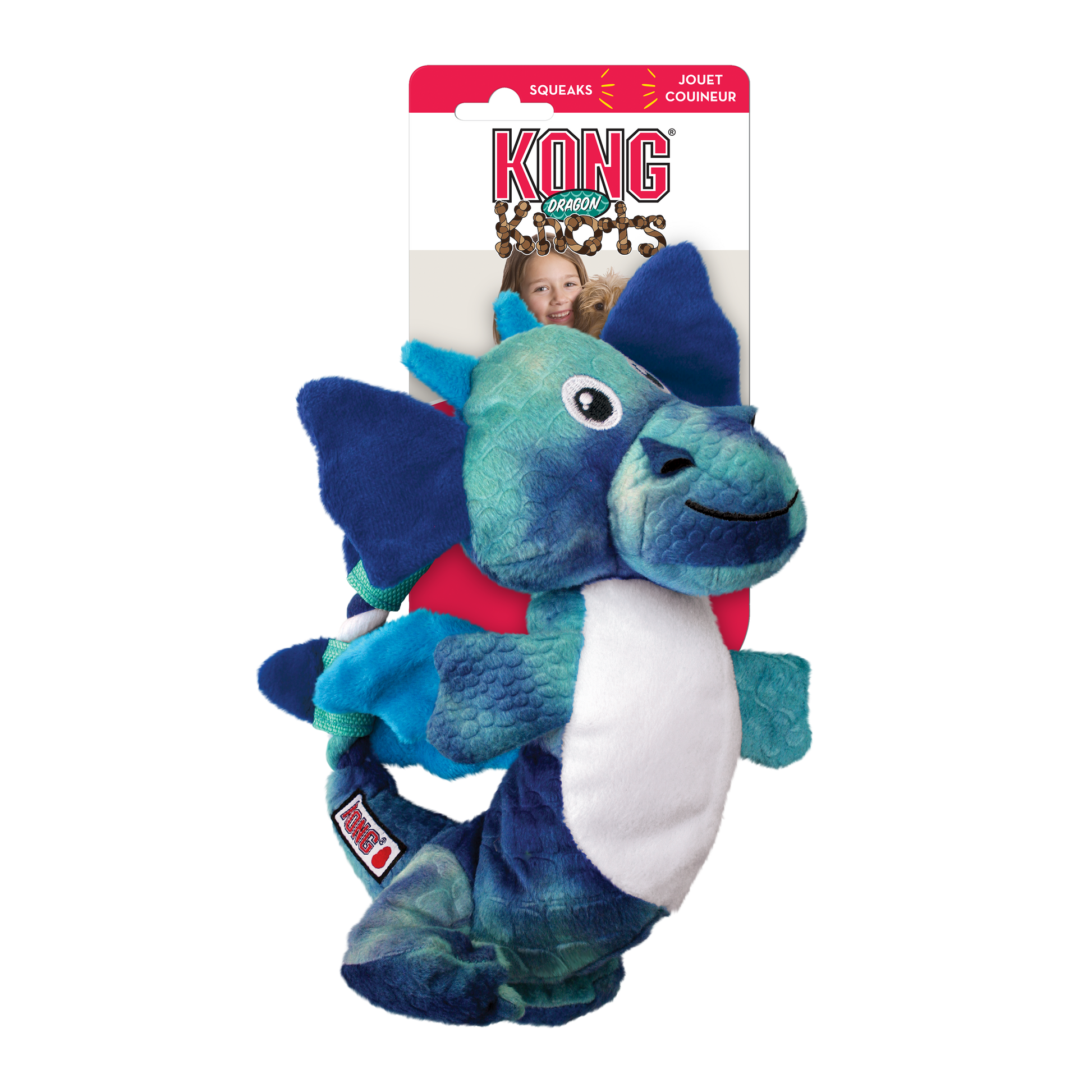 Blue dragon-shaped dog toy with packaging featuring KONG branding on a white background