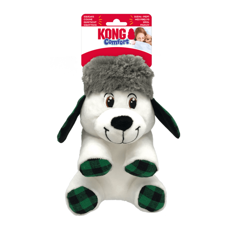 Kong Comfort dog toy with gray fur on a white background
