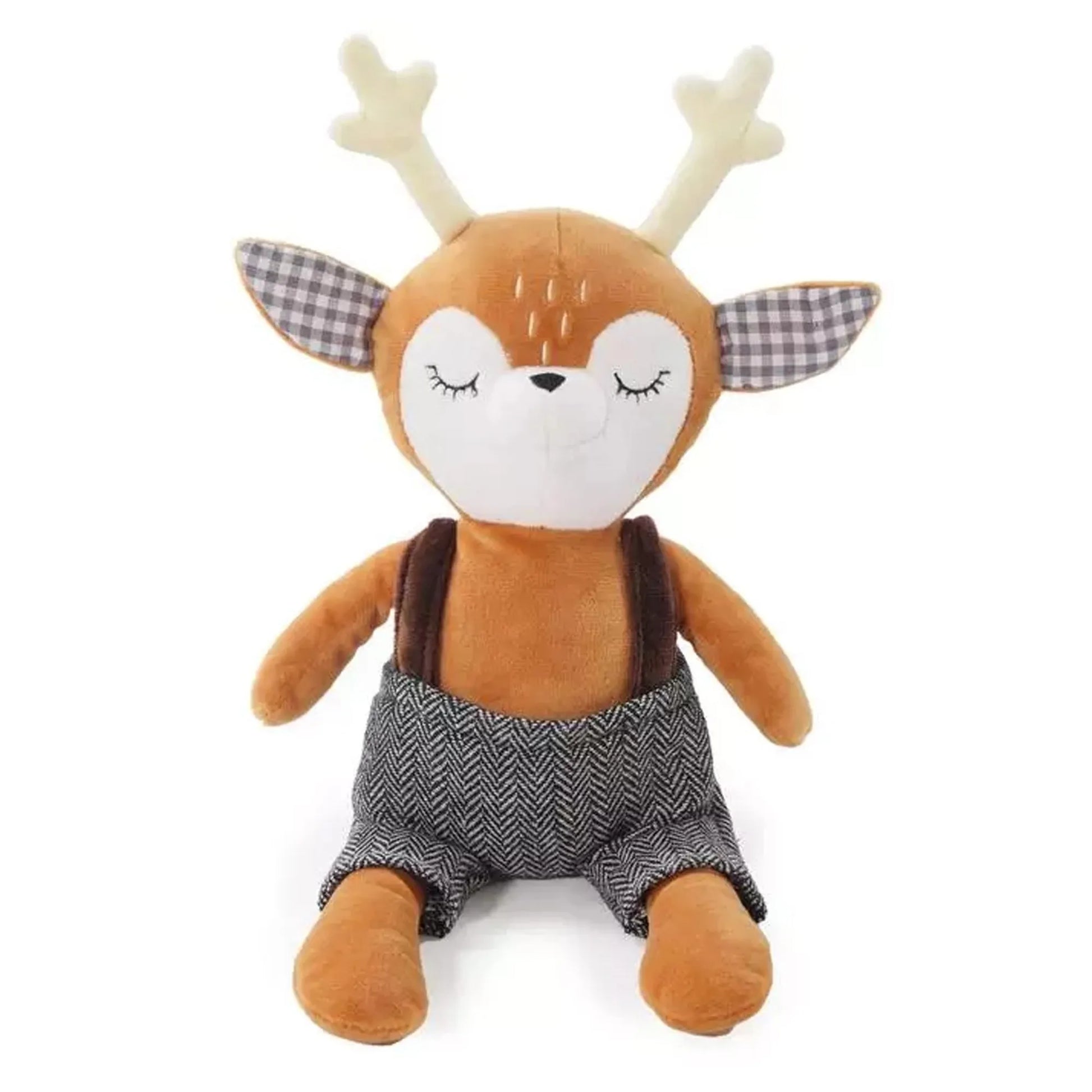 Plush dog toy deer with checkered pants on a white background