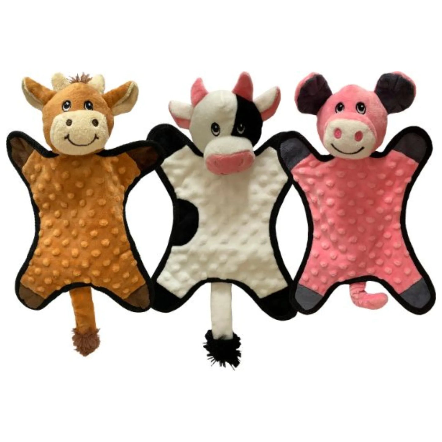 Three plush cow dog toys in brown, black and white, and pink on a white background