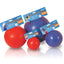 Red and blue dog balls with packaging on a white background