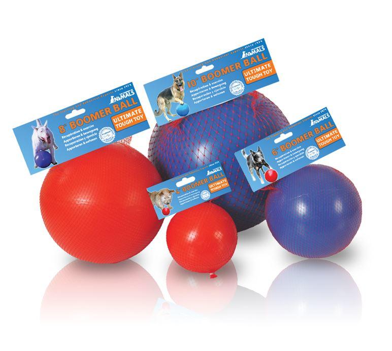 Red and blue dog balls with packaging on a white background