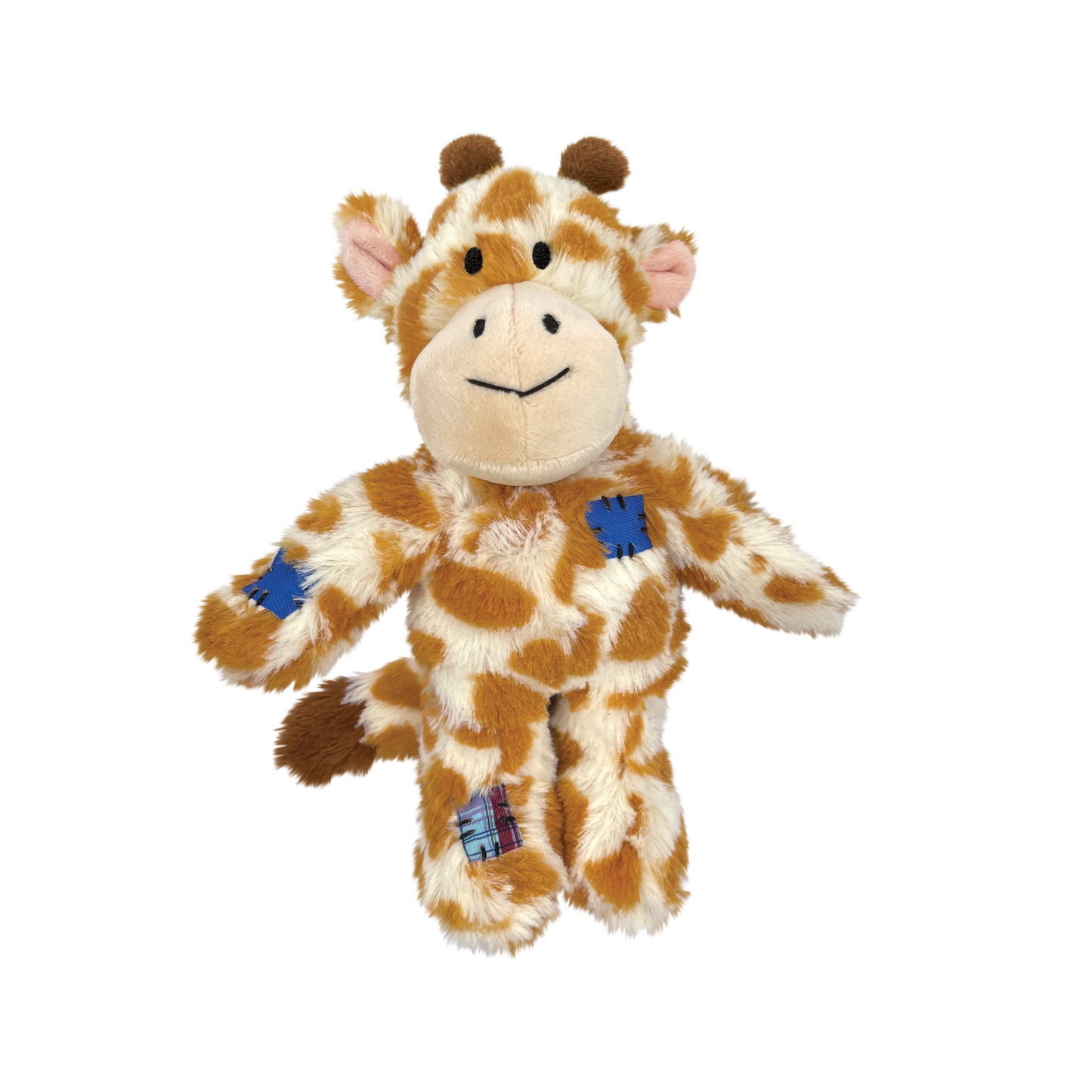 Plush giraffe dog toy with brown spots and blue accents on a white background