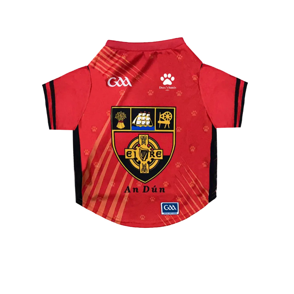 Red County Down GAA sports  jersey for dogs with a prominent emblem on a white background