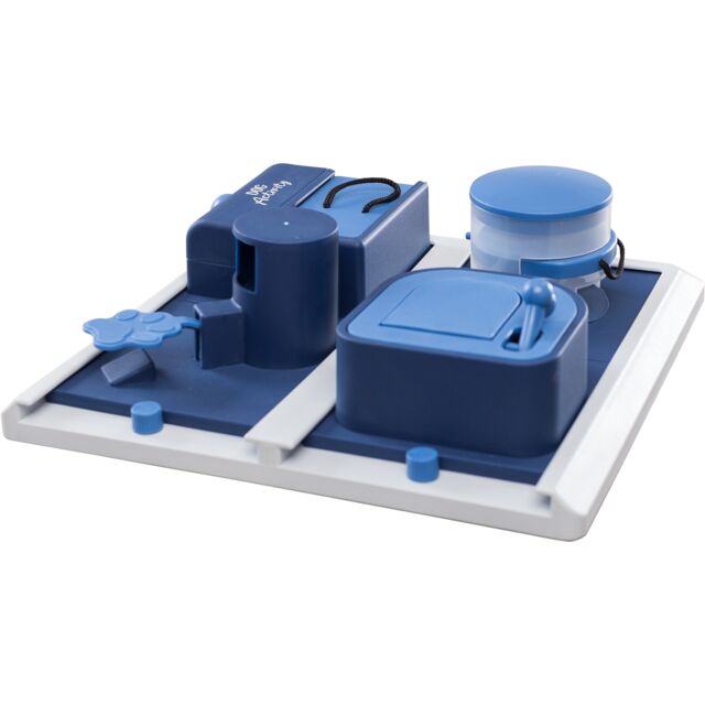 Blue and gray puzzle toy on a white background