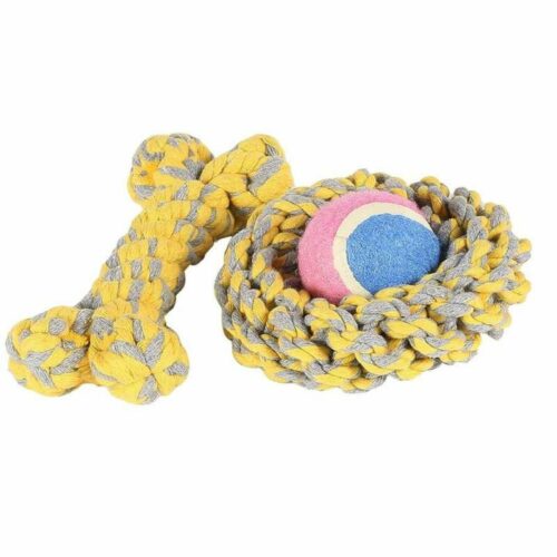 Dog toy with yellow and gray braided rope and a colorful ball on a white background