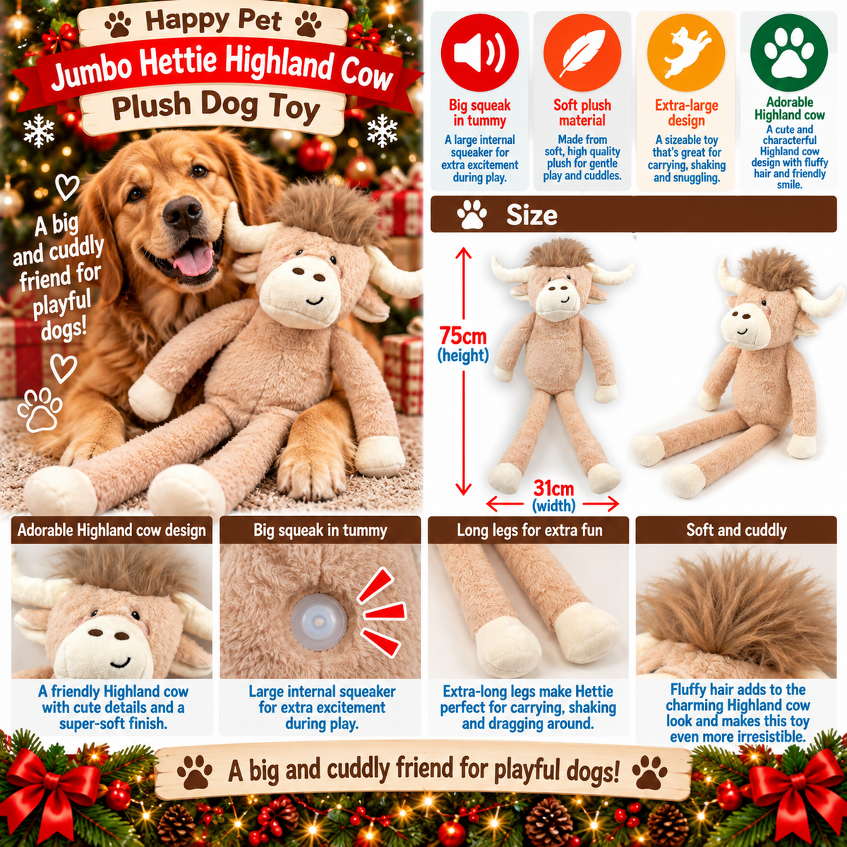 Jumbo Hettie Highland Cow 🐂 Plush Christmas Dog Toy by Happy Pet