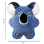 Blue plush koala dog toy with measurements on a white background