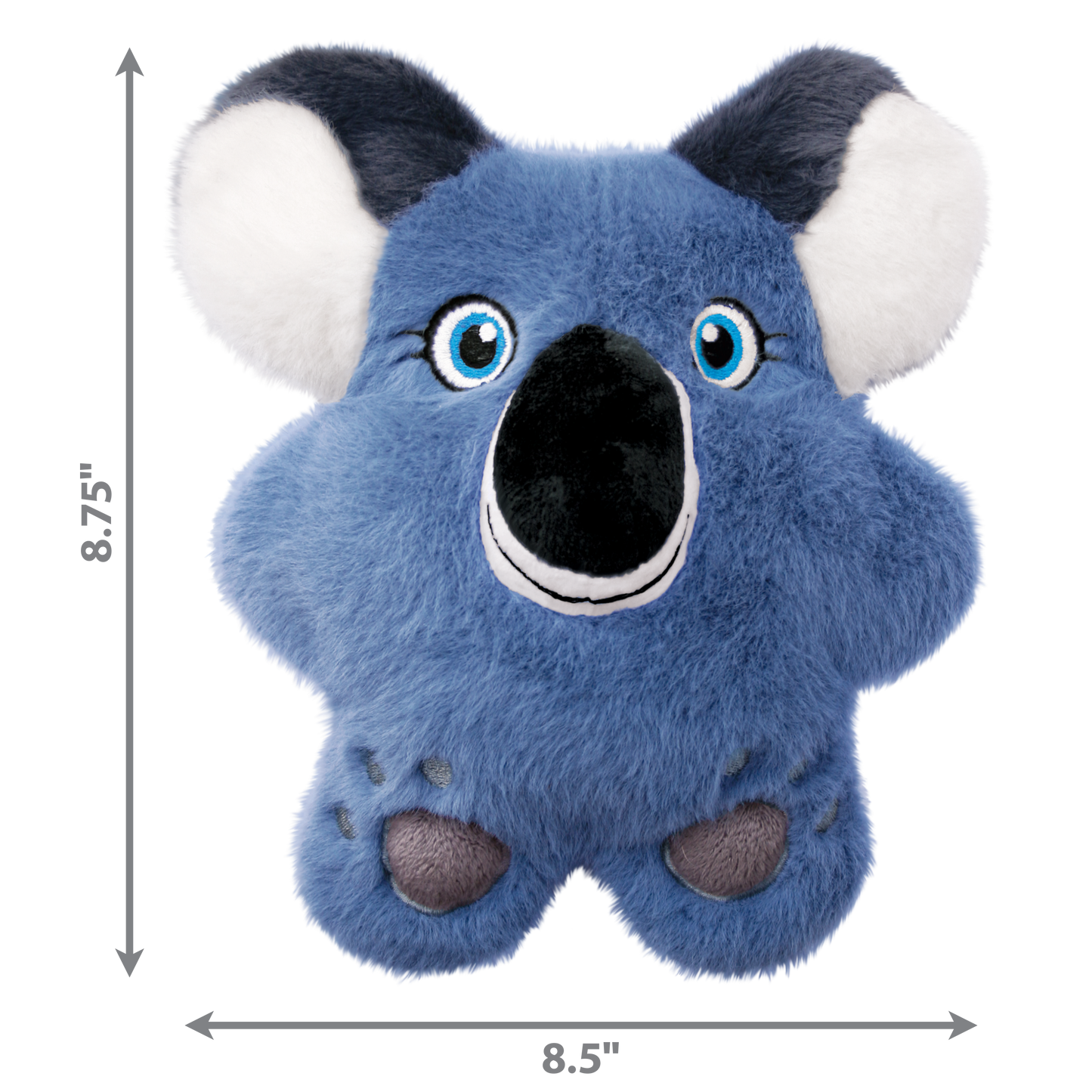 Blue plush koala dog toy with measurements on a white background