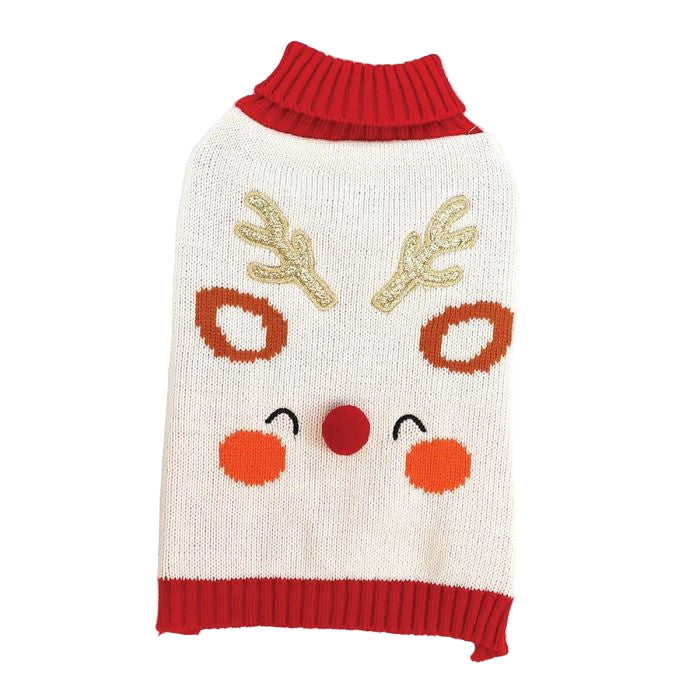 Dog sweater with reindeer design on a white background