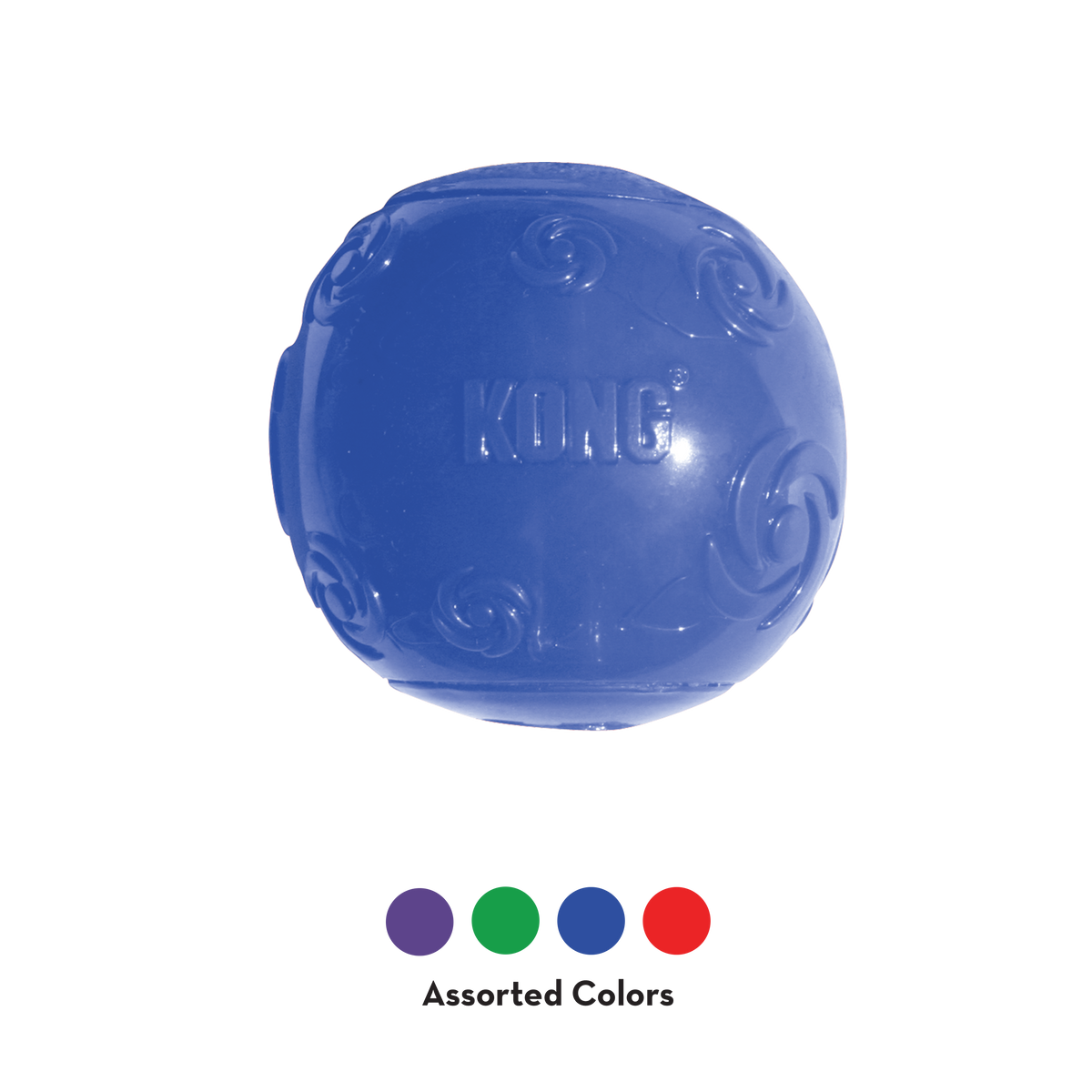 Blue KONG dog toy on a white background with color swatches below.