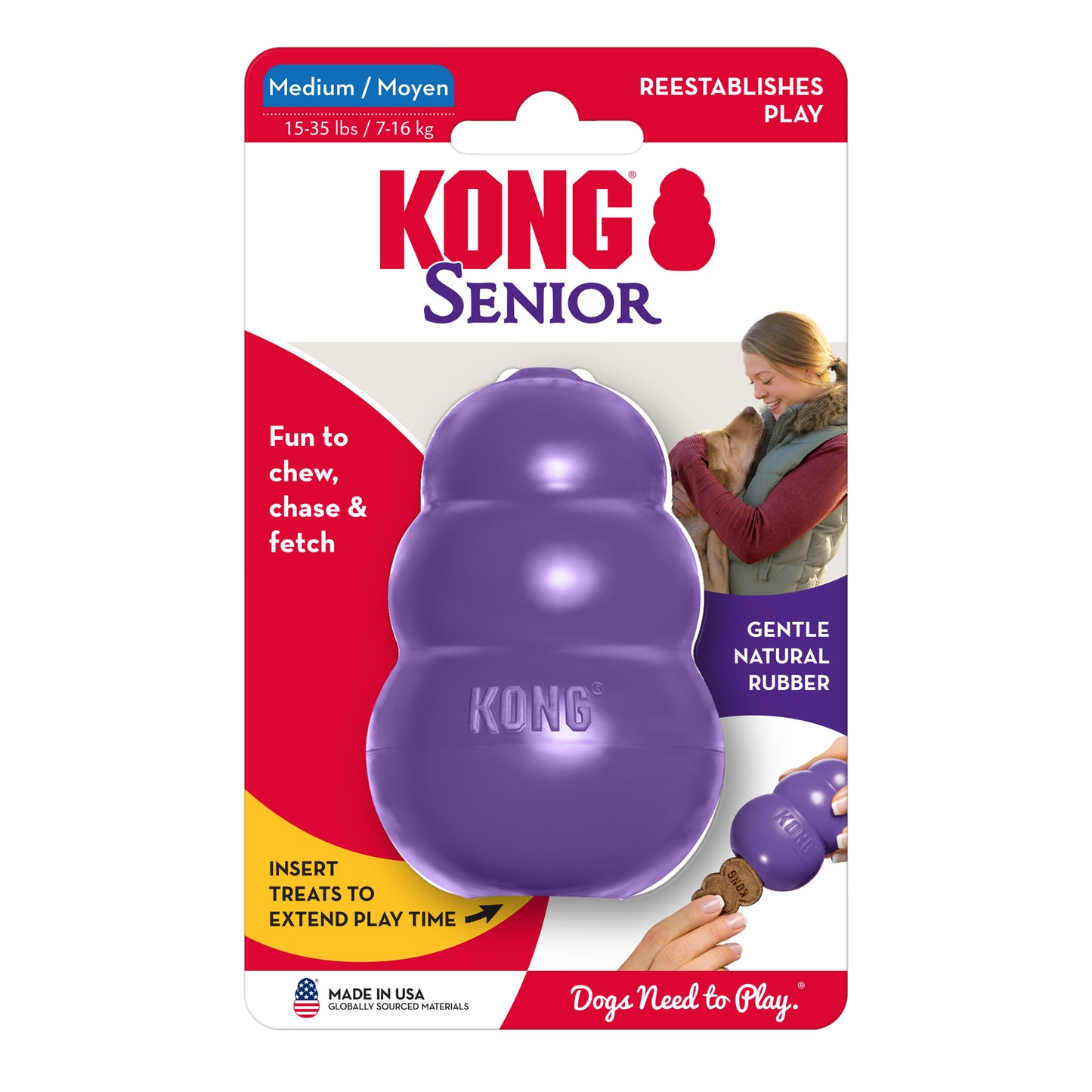 Kong Senior dog toy packaging with purple toy and text on a white background