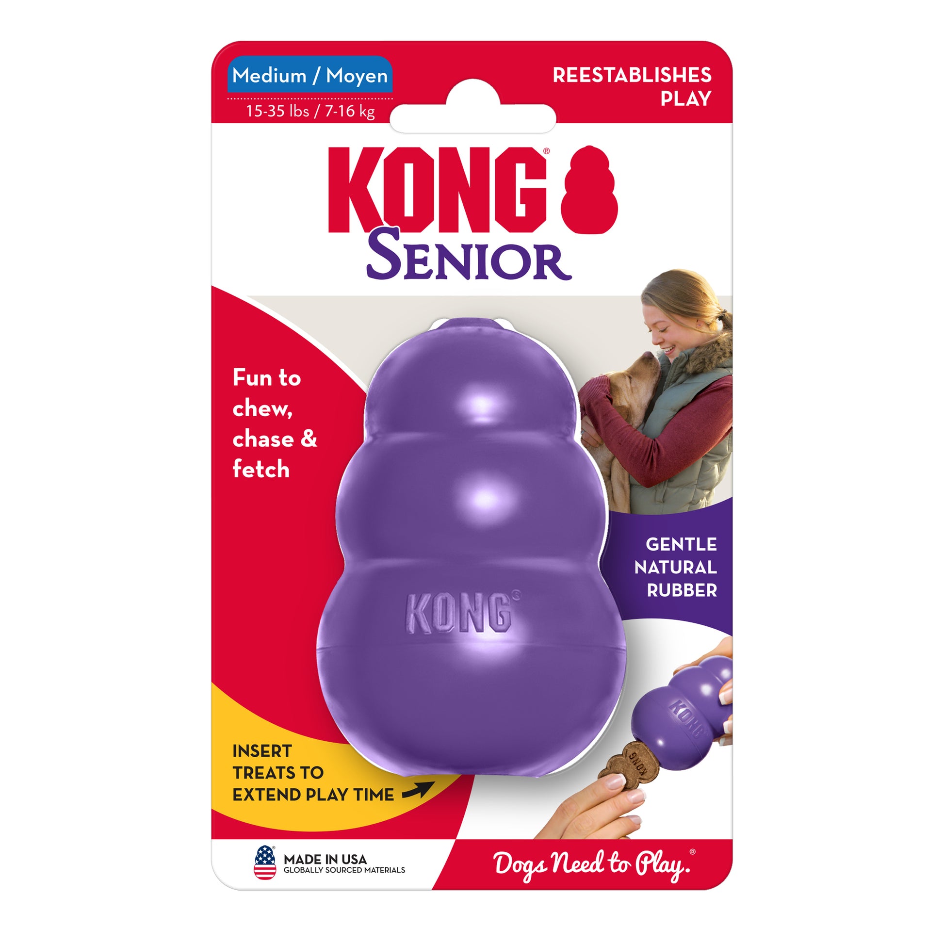 Kong Senior dog toy packaging with purple toy and text on a white background