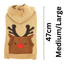 Knitted dog sweater with reindeer design and measurements on a white background