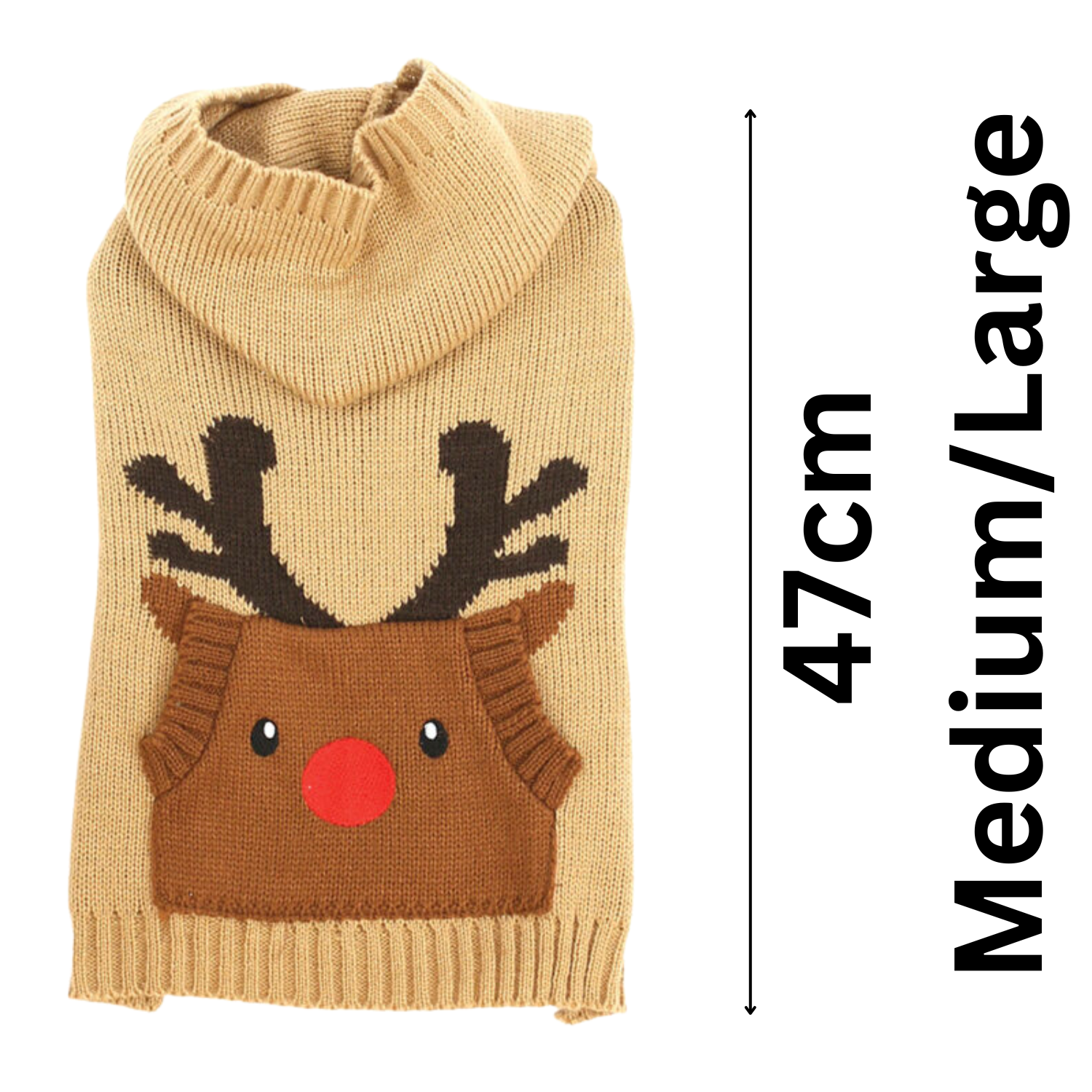 Knitted dog sweater with reindeer design and measurements on a white background