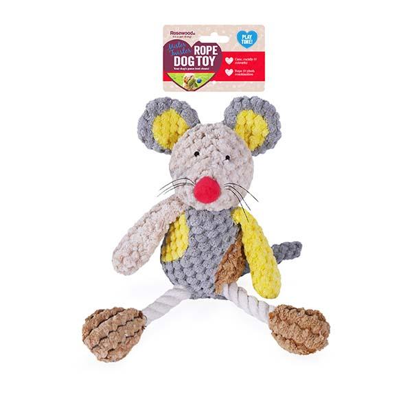 Dog toy shaped like a mouse with a rope, on a white background