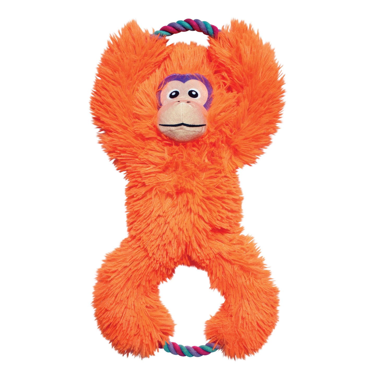 Orange plush monkey dog toy with a rope on a white background