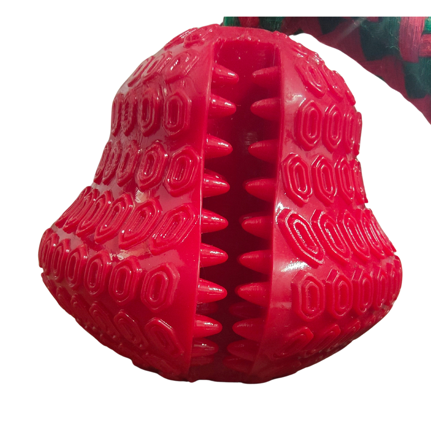 Red textured ball dog toy on a white background