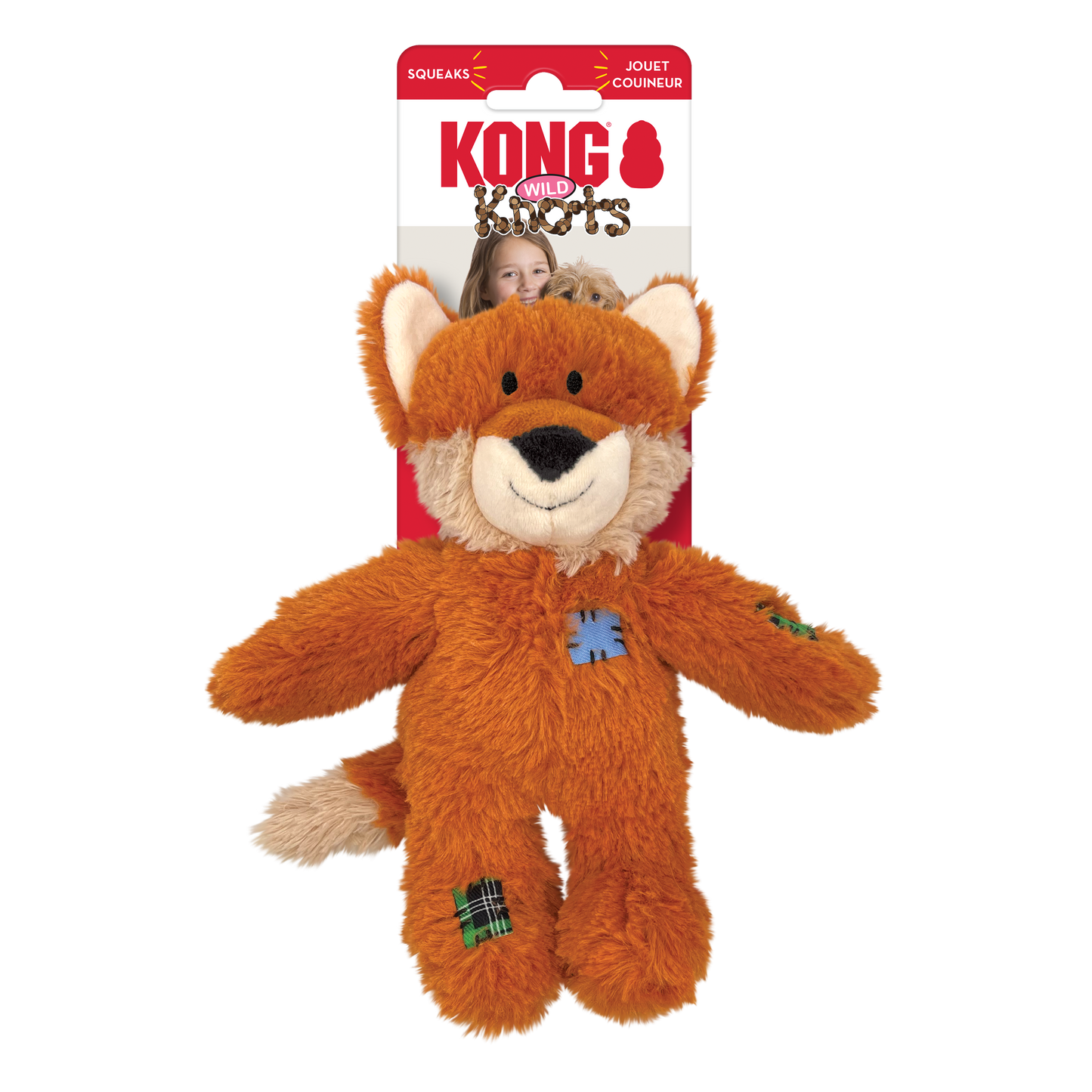 Orange fox-shaped dog toy with packaging featuring a child and KONG logo on a white background