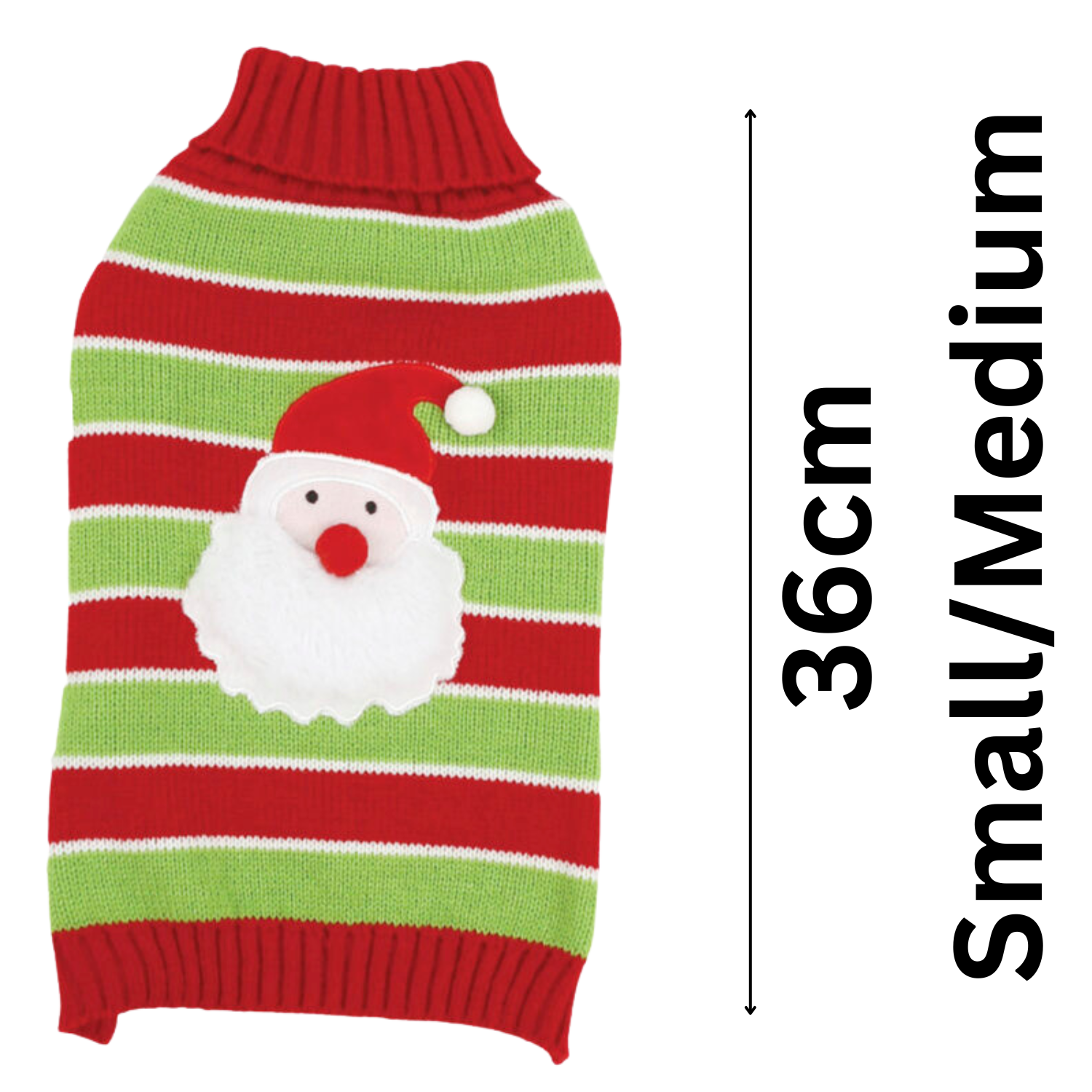 Striped dog sweater with Santa Claus design and size measurement on a white background
